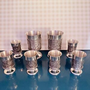 8pc Vintage Grenningloh German Pewter Goblet Set 95% Zinn • Medieval Relief